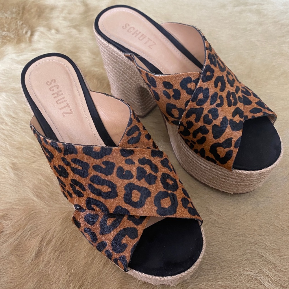 Schutz cheetah print, cowhide platform mules